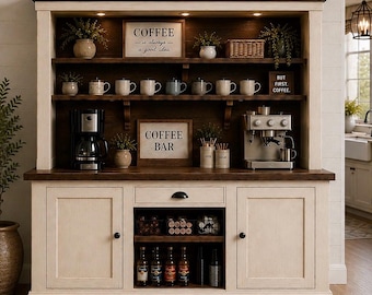 May include: A large white and dark wood hutch featuring a coffee bar setup. The upper shelves hold mugs, plants, a basket, and signs reading COFFEE is always a good idea and BUT FIRST COFFEE. The counter holds a coffee maker, espresso machine, and a COFFEE BAR sign.