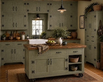 Custom Kitchen island, Farmhouse Kitchen with seating, Sage Kitchen Island on lockable Casters, Handmade