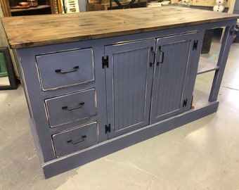 Kitchen island, kitchen with storage. Beautiful Farmhouse Pass Through Solid wood Kitchen Island