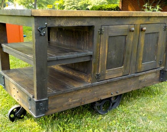 Industrial Steampunk Style Hand Made Factory Cart Kitchen Island