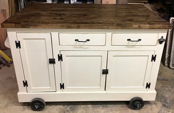 Farmhouse Industrial Kitchen Island With Handy Roll Out Trash