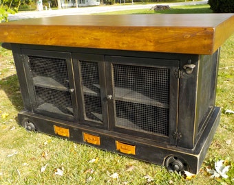 Steampunk Industrial Kitchen Island with built in stool storage