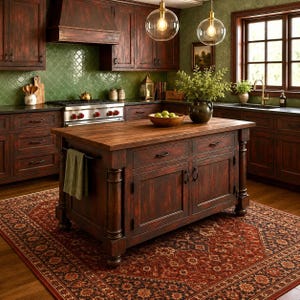 Custom European-Style Kitchen Island with turn-post corner, Distressed Painted Finish, Butcher Block Countertop