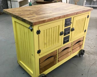 Industrial Style Small Kitchen Island with Tons of Storage with File Cabinet Metal Drawers