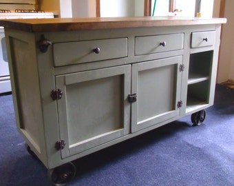 Beautiful Industrial Farmhouse, Solid wood Kitchen Island with Antique Copper hardware