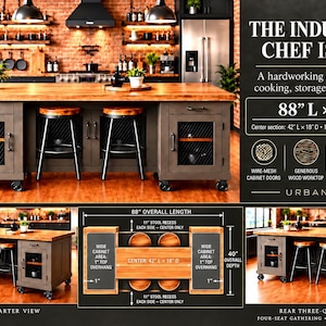 May include: A rectangular kitchen island with a wood top and gray cabinets featuring wire-mesh doors and locking casters. The island measures 88 inches long by 40 inches deep and includes two stools. Text on the image reads THE INDUSTRIAL CHEF ISLAND.
