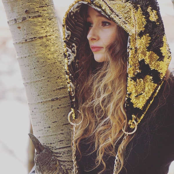 Two Tone Black and Gold Kimono Dragon Sequin Reversible Hood, Festival Hood, Funky Burning Man Style, Psychedelic Paisley Festival Fashion