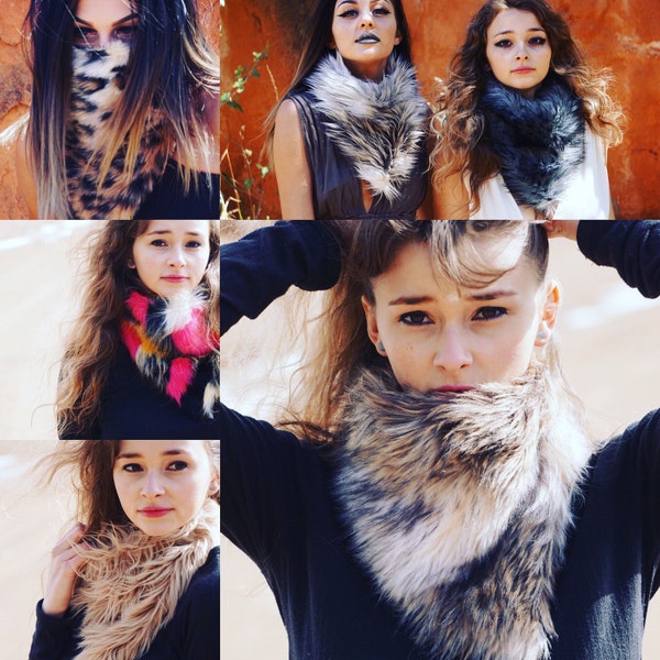 FAUX FUR Face Neck Bandana, Festival Hippie Style Bandanas, Burning Man Spirit Hood Mermaid Costume, Adjustable Festival Style Clothing