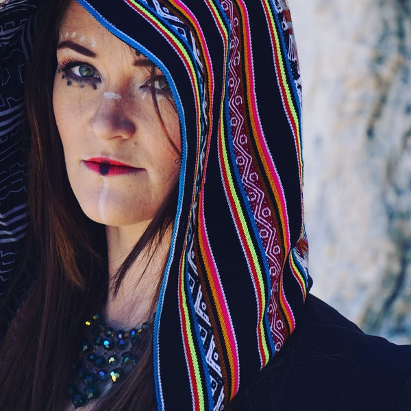 SALE Cuzco Reversible Hood Edition, Shipibo Colorful Festival Hood, Festival Gypsy Wear, Hippy Accessory, Sacred Geometry Wear, African Boho
