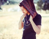 Maroon Sacred Shipibo Geometry Hood, Reversible Festival Hood with Chain, Geometric Rusty Orange Head Accessory