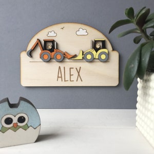 Placa de puerta personalizada con forma de excavadora / señal de puerta para niños / excavadora amarilla / placa para coche