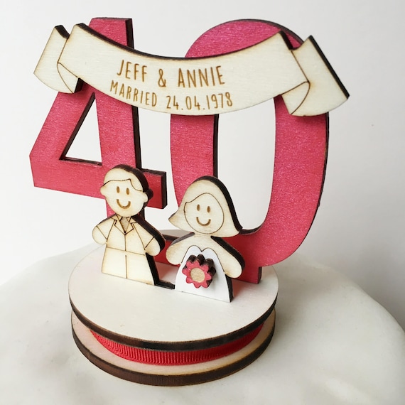 40th Wedding Anniversary Vow Renewal Wedding Cake Topper in Silver and Ruby 