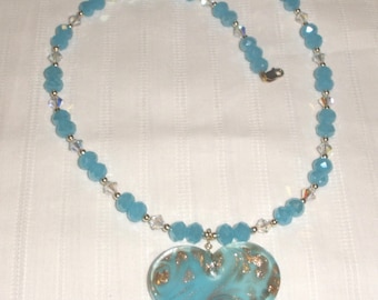 Sea Blue Heart and Gold Necklace