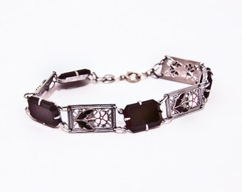 Vintage Art Nouveau bracelet with black agate and enamel flowers. Shabby chic. Melсhior. Nickel silver. German silver.