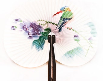Vintage hand fan Japanese style. Flowers and birds. Pastel colors. Floral. Botanical. Vintage fashion accessory