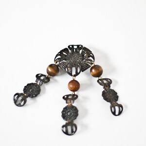 Vintage black brooch pin. Vintage jewelry. Melсhior and wood brooch pin. Nickel silver. German silver.