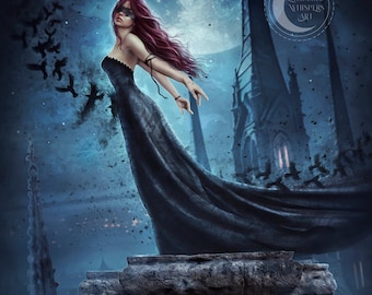 May include: Digital art of a woman in a black gown with flowing red hair and a mask, standing on a stone structure. The background features a gothic castle, a full moon, and flying birds. The artwork has a dark, fantasy theme.