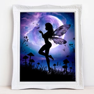 May include: Silhouette of a fairy with wings spread, standing in a field of mushrooms and flowers under a full moon. The moon is purple and blue, and the sky is a dark blue with stars.