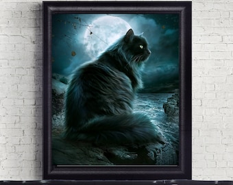 fluffy black cat ART PRINT, Witchy cat picture, Witches familiar  poster, full moon Pagan wall art, Gothic fantasy feline, ocean art print