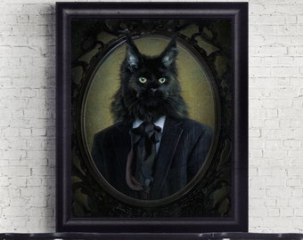 Maine coon ART PRINT of black cat portrait vintage Victorian style Gothic black cat Dark Academia anthropomorphic cat lover gift  8x10