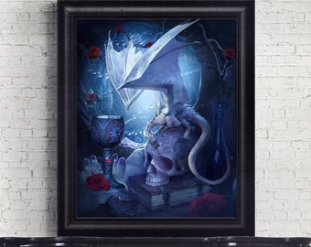 fantasy dragon ART PRINT skull artwork , white dragon poster, crystal dragon digital art, mythology wall décor Witchy picture, Pagan