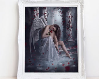 sad female angel ART PRINT, fantasy angel wall décor, living room or bedroom wall canvas, red and grey artwork, angel poster, red roses