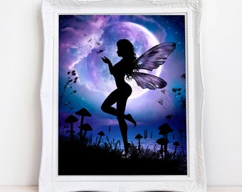 Fantasy Fae ART PRINT, silhouette fairy poster, full moon, blue and purple wall décor, pixie print, pagan art, goddess art, Ethereal Art