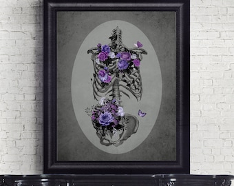 floral skeleton torso PRINT, botanical gothic bones wall décor, purple flowers artwork, vintage style illustration, goth skeletal anatomy