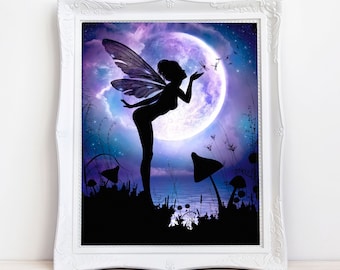 Fairy fantasy ART PRINT, Full moon wall décor, purple and blue, fae silhouette poster, celestial goddess moon illustration fairycore picture