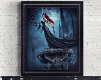 ART PRINT Gothic woman ravens dark woman dark academia blue wall décor Goth lovers gift living room wall art vampire castle crow painting