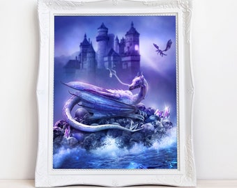 fantasy purple dragon ART PRINT, mystical creature wall décor, digital dragon painting, dragon poster, mythology canvas art, castle poster