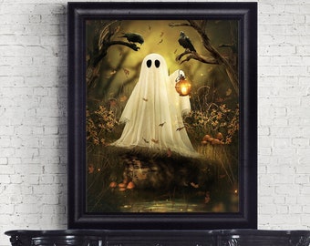 sheet ghost PRINT, Halloween wall décor, fall autumn colors, cottagecore wall artwork, ghoul illustration poster, cute little ghost crows