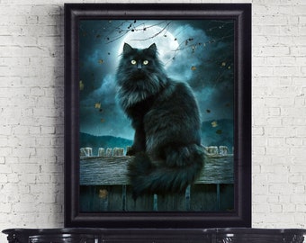 Black cat ART PRINT, Witchy feline wall décor, blue wall artwork, cat picture, Witches' familiar, full moon, Gothic poster, full moon, 8x10