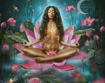 Spiritual fantasy ART PRINT meditation poster black woman lotus pose fine art yoga studio wall décor pink and blue vibrant colors picture