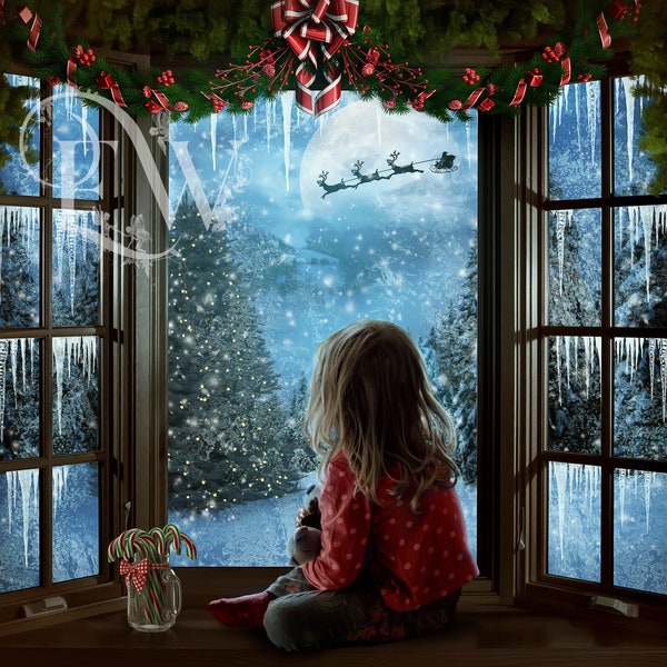 digital Christmas window backdrop, photo editing, x-mas Holiday background, photography, photo compositing, photo manipulation, kids