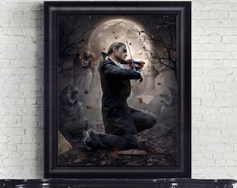 Gothic dark fantasy ART PRINT Goth man with violin wall décor Gothic Victorian poster cemetery Dark Academia decor Dark Romance wall art