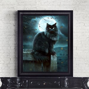 Gothic Black Cat Art Print - Full Moon Fantasy Wall Décor