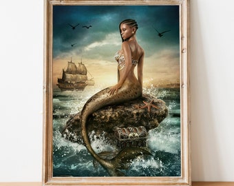 Dark Mermaid Art Print - Nautical Siren Wall Décor