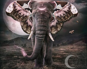 Celestial fairy elephant ART PRINT, full moon elephant wall décor, fantasy elephant fine art, butterfly animal, moth elephant, magical art