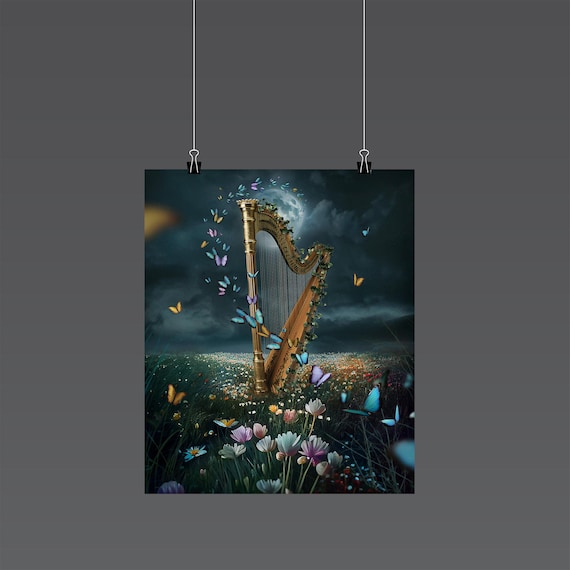 Whimsical Fantasy Harp Art Print - Mystical Musical Instrument
