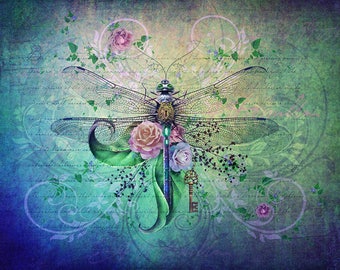 vintage style dragonfly ART PRINT, floral shabby wall décor, fantasy wall décor, canvas wall art, Mother gift, friend gift, pastel colors