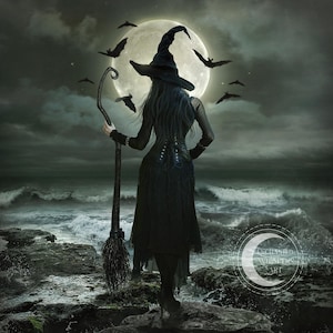 Halloween Witch Art Print – Witchy Woman with Bats and Moon – Gothic Wall Artwork