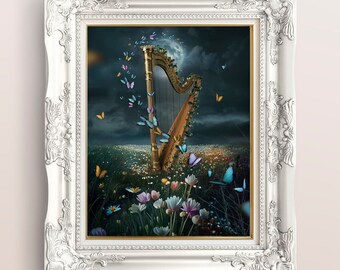 Golden Harp Art Print- Ethereal Butterfly Celestial Music Wall