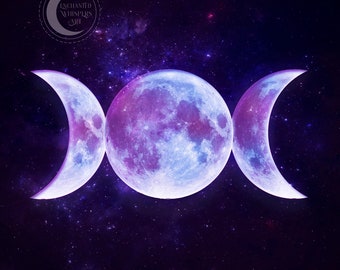 triple moon Goddess ART PRINT, celestial space poster, purple moon wall décor, Pagan art, Witchy wall art, alter art, full moon, friend gift