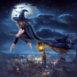 Halloween witch digital backdrop Witch broom night moon premade photo compositing background Photoshop witchy backdrop full moon with bats