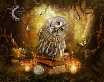 cute owl ART PRINT, fantasy owl poster , woodland wall décor, forest art, ethereal owl,  children's room, nursery décor, mystical owl