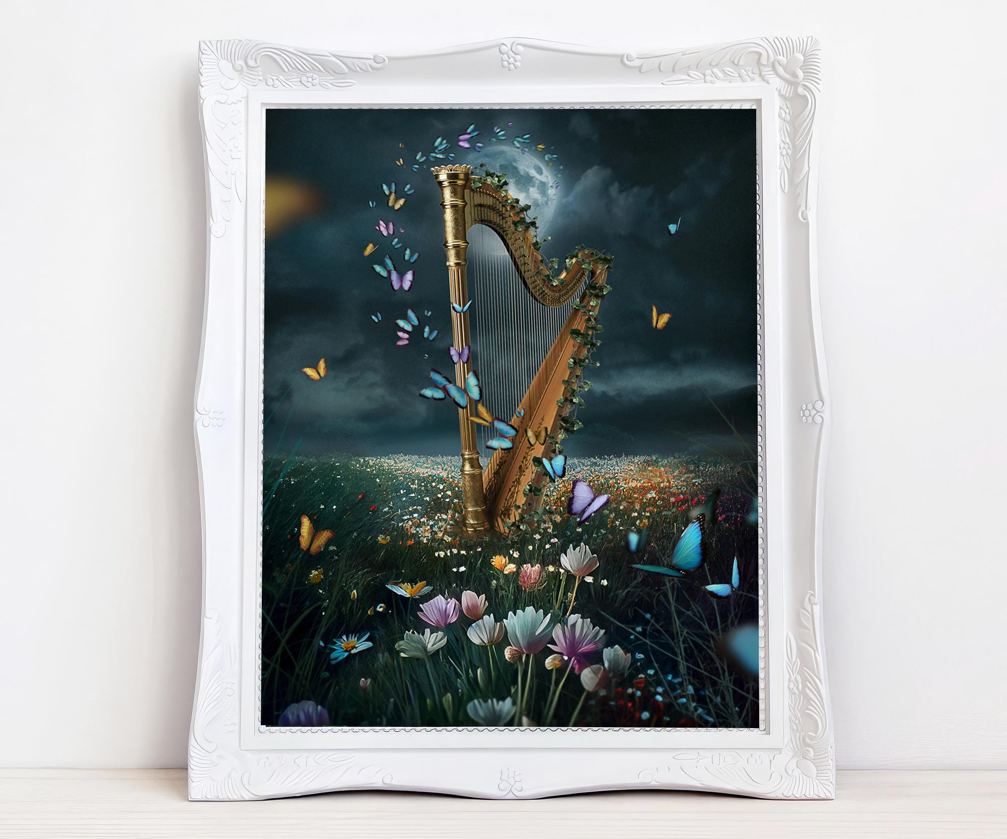 Whimsical Fantasy Harp Art Print - Mystical Musical Instrument