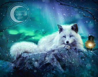 Arctic Fox Art Print: Northern Lights Fantasy digital artwork - wall décor