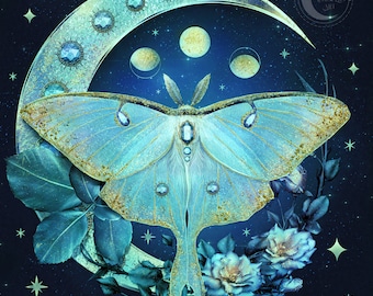 Luna Moth ART PRINT, Crescent moon Pagan wall art, moon cycles, moon phases, Witchy wall décor, celestial moth, fantasy moth artwork. Pagan