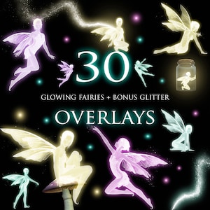 May include: A set of 30 glowing fairy overlays with a bonus glitter overlay. The fairies are depicted in various poses, with wings and glowing bodies. The overlays are perfect for adding a magical touch to your digital designs.